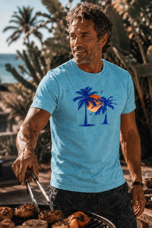 Afterglow Palms Tee | Vintage Tropical Sunset Graphic T-Shirt | Ultra-Soft Eco-Friendly Graphic Tee