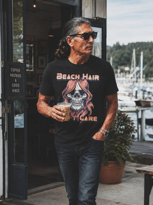 Beach Hair Revival Tee | Vintage Rock Skull Coastal Tee | Ultra - Soft Eco - Friendly Graphic Tee