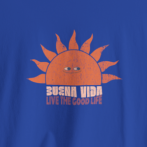 Blue t-shirt with an orange sun graphic and text 'Busna Vida Live the Good Life' on a solid blue background