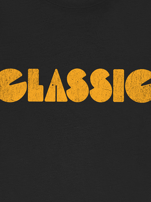 Black t-shirt with 'CLASSIC' printed in orange.