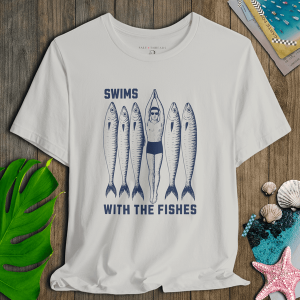 Dude Swims With the Fishes T-Shirt | Lightweight Eco - Friendly Graphic Tee | Ultra - Soft Eco - Friendly Graphic Tee