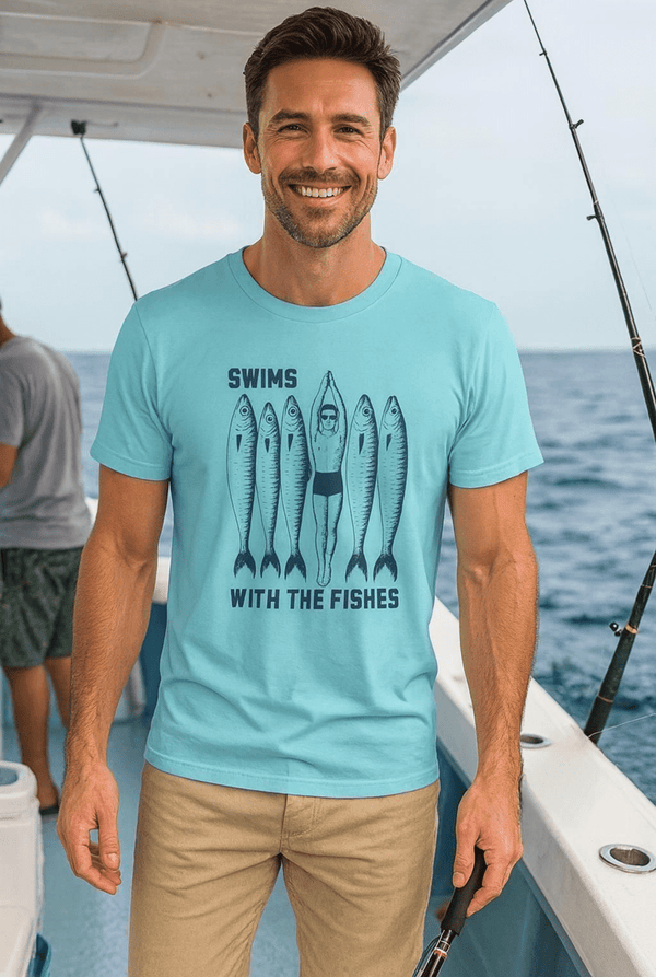 Dude Swims With the Fishes T-Shirt | Lightweight Eco - Friendly Graphic Tee | Ultra - Soft Eco - Friendly Graphic Tee