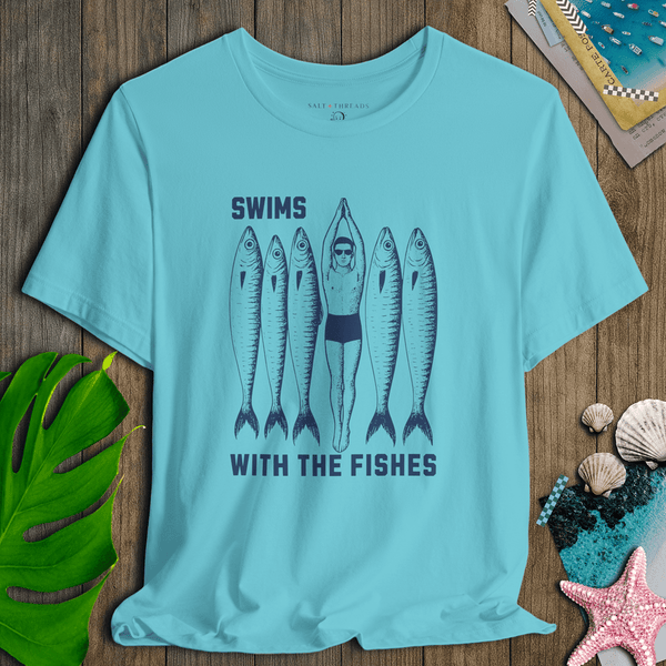 Dude Swims With the Fishes T-Shirt | Lightweight Eco - Friendly Graphic Tee | Ultra - Soft Eco - Friendly Graphic Tee