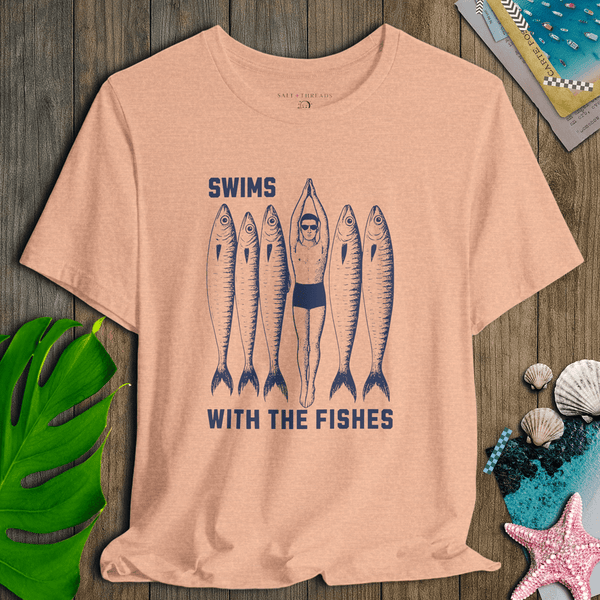 Dude Swims With the Fishes T-Shirt | Lightweight Eco - Friendly Graphic Tee | Ultra - Soft Eco - Friendly Graphic Tee