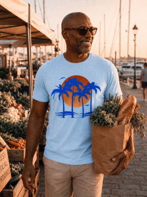 Electric Palms Tee | Vintage Tropical Sunset Graphic T-Shirt | Ultra-Soft Eco-Friendly Graphic Tee