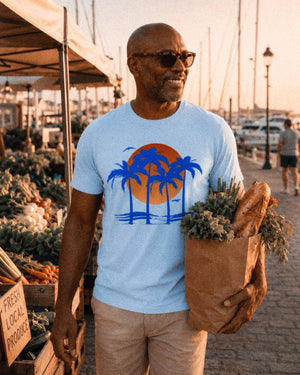 Electric Palms Tee | Vintage Tropical Sunset Graphic T-Shirt | Ultra-Soft Eco-Friendly Graphic Tee