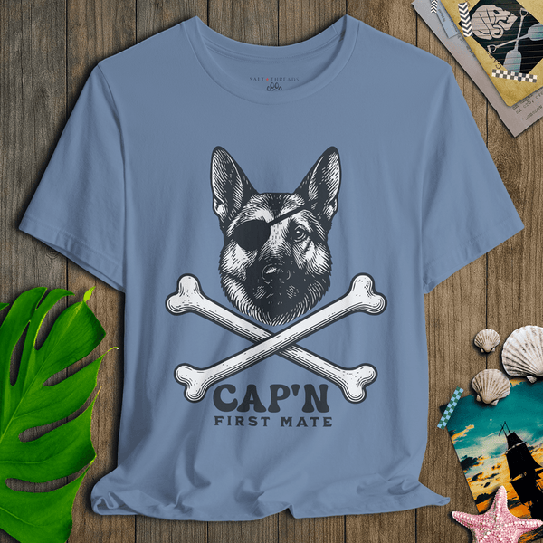 German Shepherd First Mate T-Shirt | Cap’n First Mate Eco - Friendly Pirate Dog Graphic Tee | Ultra - Soft Eco - Friendly Graphic Tee