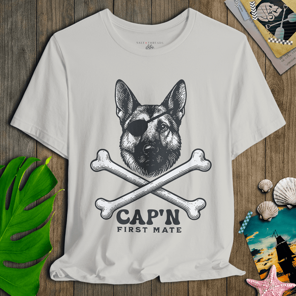 German Shepherd First Mate T-Shirt | Cap’n First Mate Eco - Friendly Pirate Dog Graphic Tee | Ultra - Soft Eco - Friendly Graphic Tee