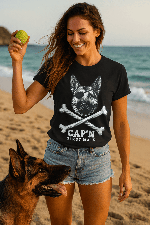 German Shepherd First Mate T-Shirt | Cap’n First Mate Eco - Friendly Pirate Dog Graphic Tee | Ultra - Soft Eco - Friendly Graphic Tee