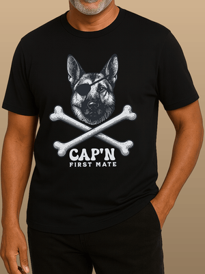German Shepherd First Mate T-Shirt | Cap’n First Mate Eco - Friendly Pirate Dog Graphic Tee | Ultra - Soft Eco - Friendly Graphic Tee