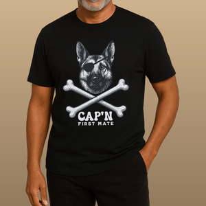 German Shepherd First Mate T-Shirt | Cap’n First Mate Eco - Friendly Pirate Dog Graphic Tee | Ultra - Soft Eco - Friendly Graphic Tee