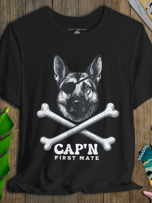 German Shepherd First Mate T-Shirt | Cap’n First Mate Eco - Friendly Pirate Dog Graphic Tee | Ultra - Soft Eco - Friendly Graphic Tee