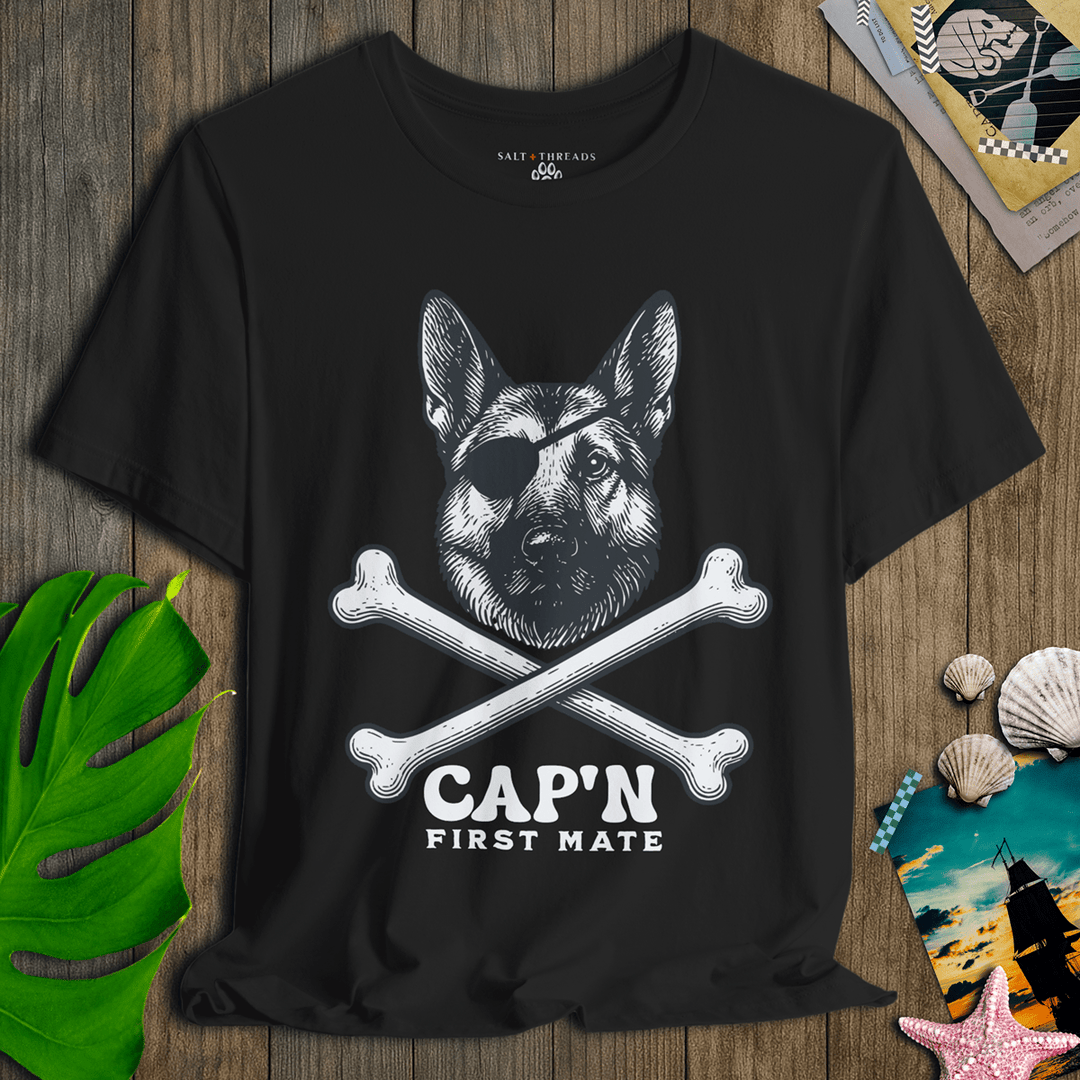 German Shepherd First Mate T-Shirt | Cap’n First Mate Eco - Friendly Pirate Dog Graphic Tee | Ultra - Soft Eco - Friendly Graphic Tee