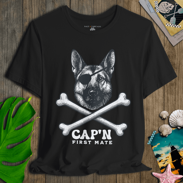 German Shepherd First Mate T-Shirt | Cap’n First Mate Eco - Friendly Pirate Dog Graphic Tee | Ultra - Soft Eco - Friendly Graphic Tee
