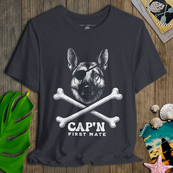 German Shepherd First Mate T-Shirt | Cap’n First Mate Eco - Friendly Pirate Dog Graphic Tee | Ultra - Soft Eco - Friendly Graphic Tee