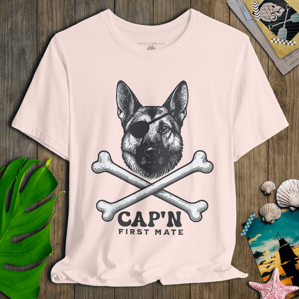 German Shepherd First Mate T-Shirt | Cap’n First Mate Eco - Friendly Pirate Dog Graphic Tee | Ultra - Soft Eco - Friendly Graphic Tee