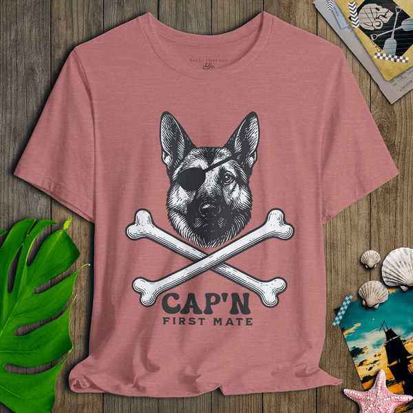 German Shepherd First Mate T-Shirt | Cap’n First Mate Eco - Friendly Pirate Dog Graphic Tee | Ultra - Soft Eco - Friendly Graphic Tee