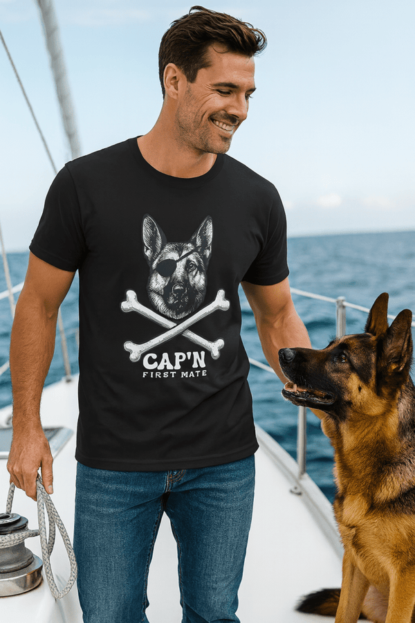 German Shepherd First Mate T-Shirt | Cap’n First Mate Eco - Friendly Pirate Dog Graphic Tee | Ultra - Soft Eco - Friendly Graphic Tee
