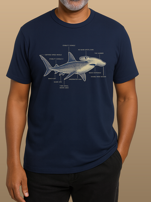 Man wearing a navy blue t-shirt with a shark diagram on a beige background