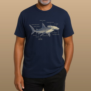 Man wearing a navy blue t-shirt with a shark diagram on a beige background