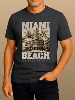 Miami Beach T-Shirt | Vintage Art Deco Hotel Coastal Graphic Tee | Ultra - Soft Eco - Friendly Graphic Tee