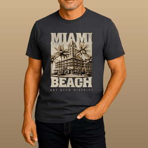 Miami Beach T-Shirt | Vintage Art Deco Hotel Coastal Graphic Tee | Ultra - Soft Eco - Friendly Graphic Tee