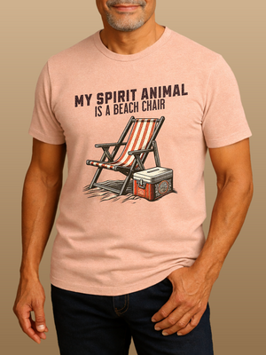 Man wearing a pink t-shirt with a graphic of a beach chair and cooler, and text 'My Spirit Animal is a Beach Chair'.