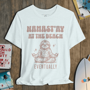 Namast’ay at the Beach T-Shirt | Funny Sloth Yoga Coastal Graphic Tee | Ultra - Soft Eco - Friendly Graphic Tee