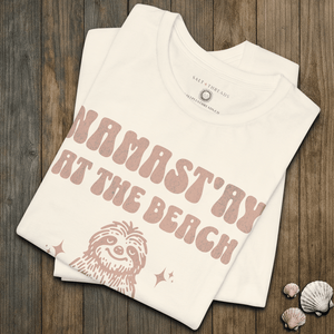 Namast’ay at the Beach T-Shirt | Funny Sloth Yoga Coastal Graphic Tee | Ultra - Soft Eco - Friendly Graphic Tee