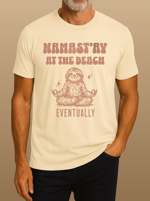 Man wearing a t-shirt with a sloth graphic and text on a beige background