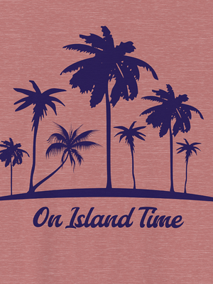 T-shirt with purple palm tree design and 'On Island Time' text on a pink background
