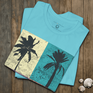 Palm Block Paradise T-Shirt | Retro 80s Surf - Skate Coastal Graphic Tee | Ultra - Soft Eco - Friendly Graphic Tee