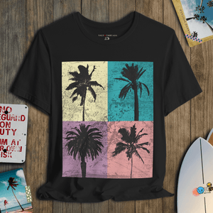 Palm Block Paradise T-Shirt | Retro 80s Surf - Skate Coastal Graphic Tee | Ultra - Soft Eco - Friendly Graphic Tee