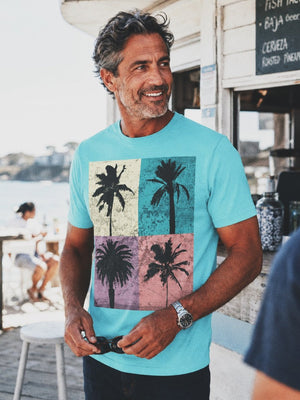 Palm Block Paradise T-Shirt | Retro 80s Surf - Skate Coastal Graphic Tee | Ultra - Soft Eco - Friendly Graphic Tee