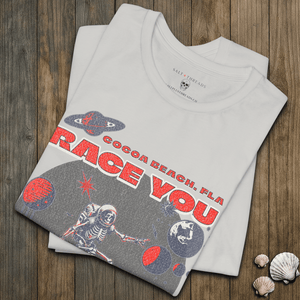 Race You to Mars T-Shirt | Vintage Space Surf Cocoa Beach Graphic Tee | Ultra - Soft Eco - Friendly Graphic Tee