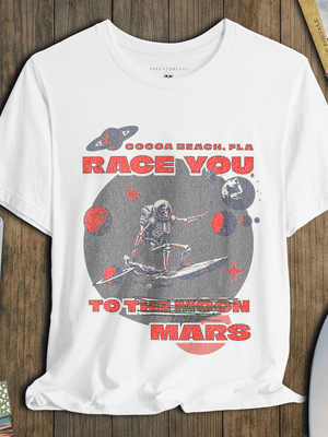 Race You to Mars T-Shirt | Vintage Space Surf Cocoa Beach Graphic Tee | Ultra - Soft Eco - Friendly Graphic Tee