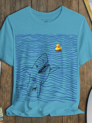 Rubber Duckie Shark T-Shirt | Sustainable Ultra - Soft Funny Coastal Graphic Tee | Ultra - Soft Eco - Friendly Graphic Tee