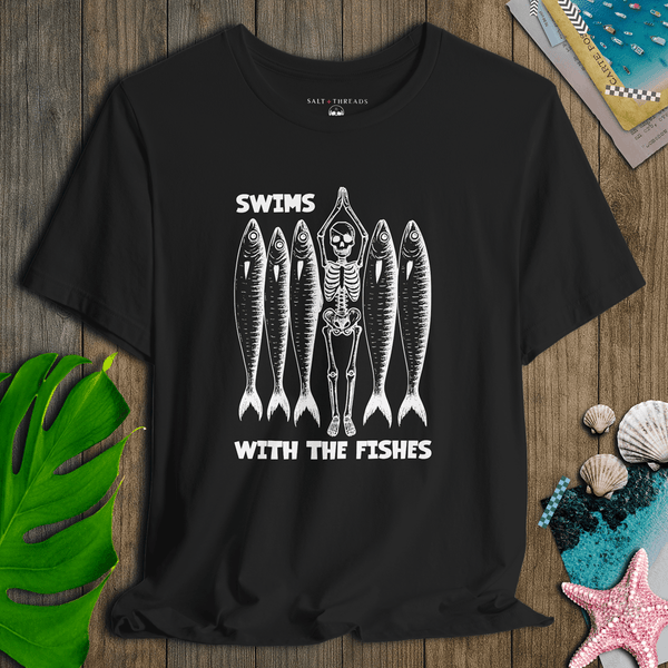 Skeleton Swims With the Fishes T-Shirt | Vintage Eco - Friendly Pirate Graphic Tee | Ultra - Soft Eco - Friendly Graphic Tee