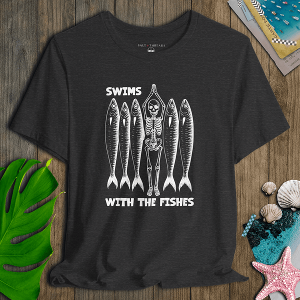 Skeleton Swims With the Fishes T-Shirt | Vintage Eco - Friendly Pirate Graphic Tee | Ultra - Soft Eco - Friendly Graphic Tee