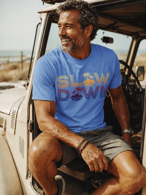Slow Down Vintage Sunset Tee | Retro Coastal Chill Graphic | Ultra - Soft Eco - Friendly Graphic Tee