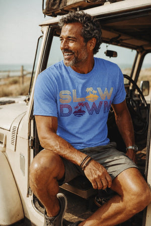 Slow Down Vintage Sunset Tee | Retro Coastal Chill Graphic | Ultra - Soft Eco - Friendly Graphic Tee