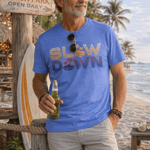Slow Down Vintage Sunset Tee | Retro Coastal Chill Graphic | Ultra - Soft Eco - Friendly Graphic Tee