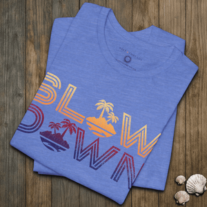 Slow Down Vintage Sunset Tee | Retro Coastal Chill Graphic | Ultra - Soft Eco - Friendly Graphic Tee