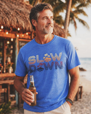 Slow Down Vintage Sunset Tee | Retro Coastal Chill Graphic | Ultra - Soft Eco - Friendly Graphic Tee