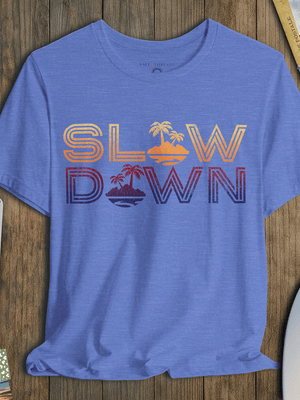 Slow Down Vintage Sunset Tee | Retro Coastal Chill Graphic | Ultra - Soft Eco - Friendly Graphic Tee
