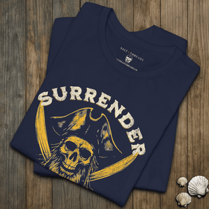 Surrender Your Booty Pirate Tee | Vintage Skeleton With Crossed Swords Graphic | Ultra - Soft Eco - Friendly Graphic Tee