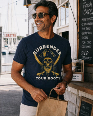 Surrender Your Booty Pirate Tee | Vintage Skeleton With Crossed Swords Graphic | Ultra - Soft Eco - Friendly Graphic Tee