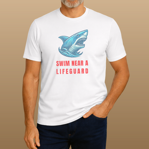 Man wearing a white t-shirt with a shark graphic and text on a beige background