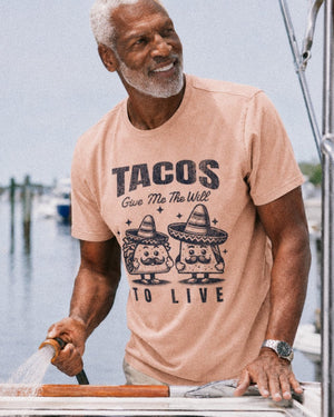 Tacos Give Me the Will to Live T-Shirt | Ultra-Soft Funny Coastal Graphic Tee | Ultra-Soft Eco-Friendly Graphic Tee