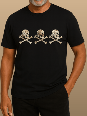 Three Strikes Pirate Tee | Triple Jolly Roger Vintage Skull Graphic | Ultra - Soft Eco - Friendly Graphic Tee